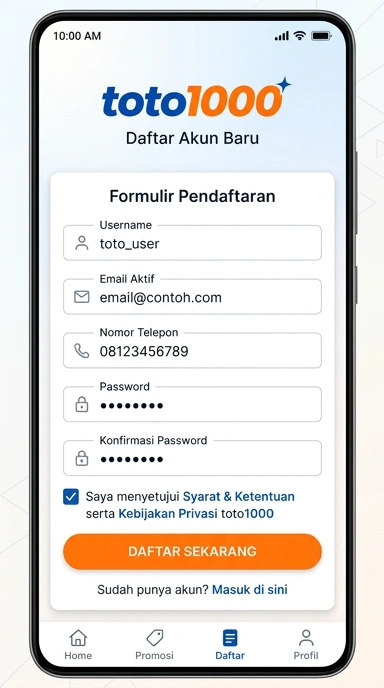 Tampilan halaman daftar toto1000